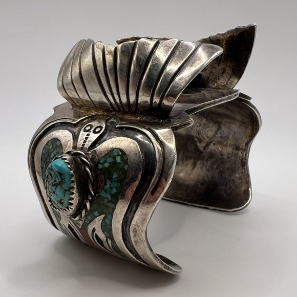 Large Turquoise & Coral Sterling Silver 925 Peyote Bird Watch Cuff Bracelet - Picture 1 of 11